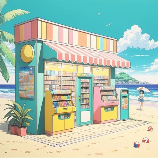 Prompt: 90's anime art style, pencil-drawn, retro, a convenience shop next to a beach, 