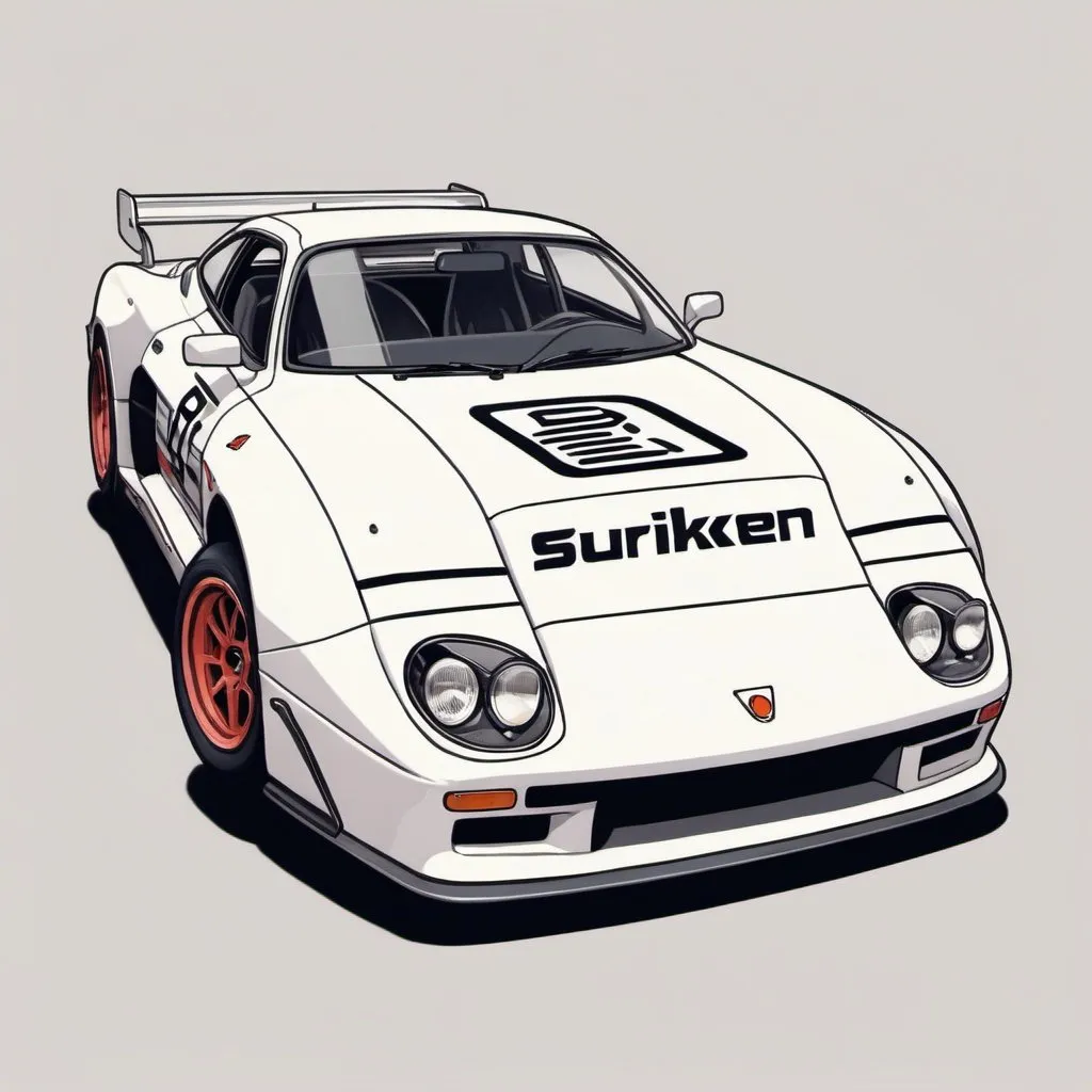 Prompt: 90's anime art style, pencil-drawn, retro, race car with suriken logo on it