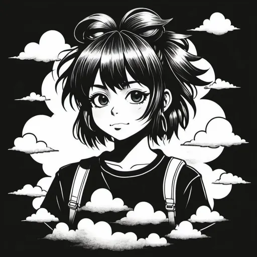 Prompt: 90's anime art style, pencil-drawn, noodle gorillaz, t-shirt, retro, lo-fi, clouds,