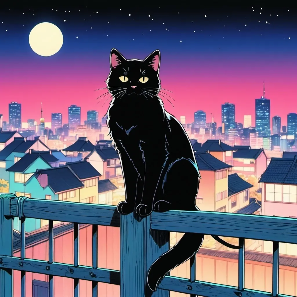 Prompt: 90's anime hand-drawn,anime, Black cat sitting on fence, city background, japan, vaporwave, 