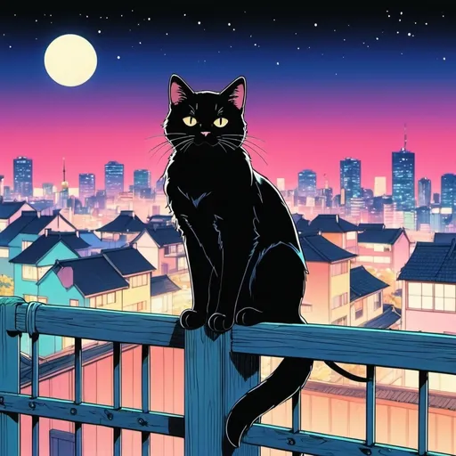 Prompt: 90's anime hand-drawn,anime, Black cat sitting on fence, city background, japan, vaporwave, 