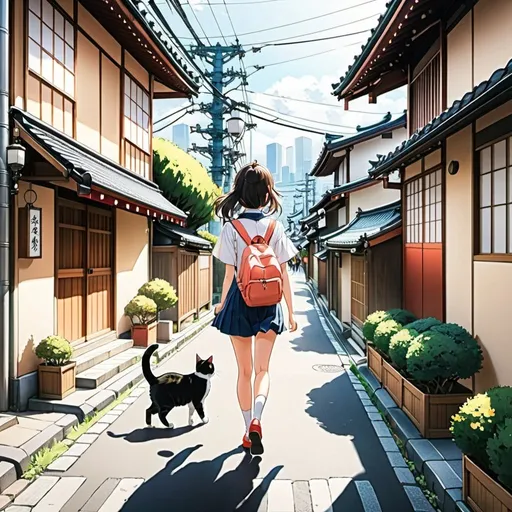 Prompt: anime, hand-drawn, Tokyo countryside streets, anime girl walking with cat