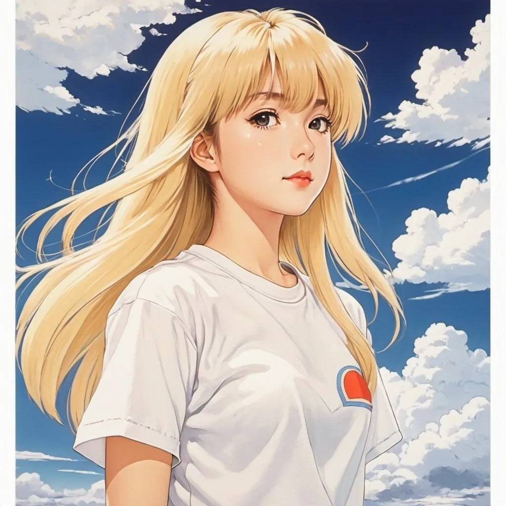 Prompt: 90's anime art style, pencil-drawn, Kana Hanazawa, renai circulation, white t-shirt, retro, lo-fi, clouds, anime character, long blonde hair, flat trimmed bangs