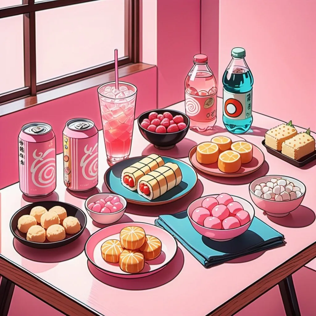 Prompt: anime, anime japanese snacks and sodas on a table, pink retro vibes, hand-drawn, Studio Ghibli style, lo-fi, grain, high quality