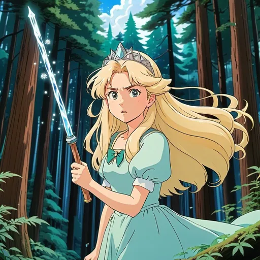 Prompt: 90's anime, anime princess, hand-drawn, Studio Ghibli style, blonde hair, long wavy hair, angry expression, detailed expression, ice wand, enchanted redwood forest, fairies, filter, lo-fi, grain, high quality