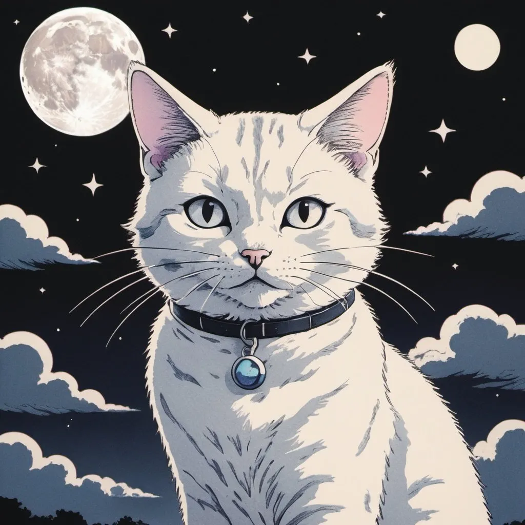 Prompt: 90's hand-drawn, grainy Anime, cat, day, moon, vaporware, Japanese
