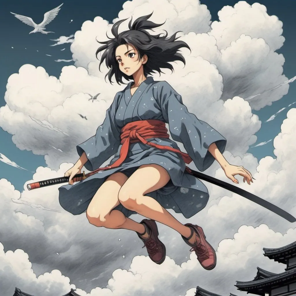 Prompt: 90's anime art style, pencil-drawn, retro, 90's anime girl falling through clouds, feudal Japan, samurai champloo