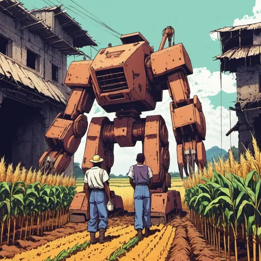 Prompt: farmer, mech assistant, 
harvest crops, anime 90's, hand-drawn, retro, grainy, Africa, ruins

