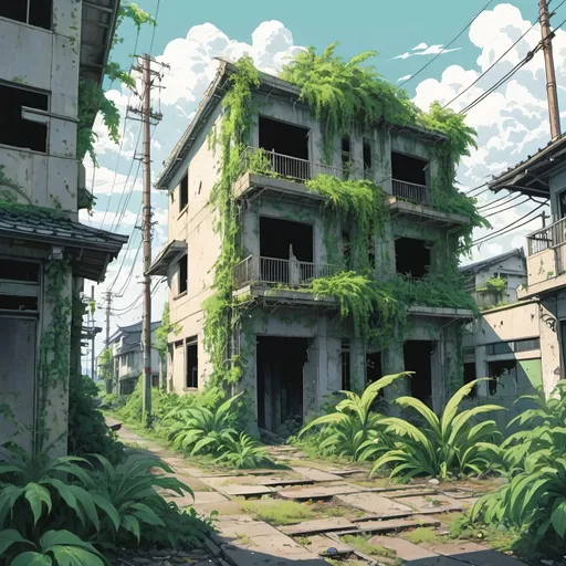 Prompt: 90's, hand-drawn, anime, overgrown Japanese small town, ruins, apocalypse, abandoned, plants, vines, palm leaves