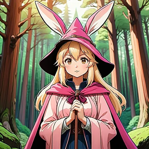Prompt: anime, anime bunny wearing a wizard hat, pink medieval cape, hand-drawn, Studio Ghibli style, blonde hair, angry, detailed expression, enchanted redwood forest, fairies, filter, lo-fi, grain, high quality