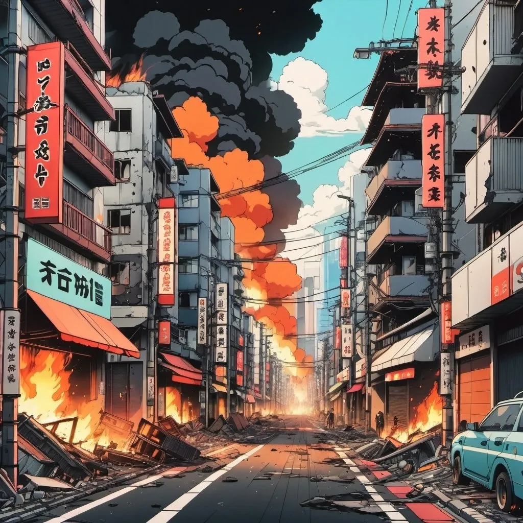 Prompt: A destroyed burning Tokyo street, apocalypse, 90's anime, hand-drawn style, high-quality,