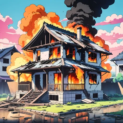 Prompt: A destroyed burning house, 90's anime, hand-drawn style, high-quality,