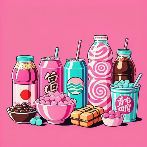 Prompt: anime, Japanese snacks, candies and sodas, pink retro vaporwave backround, hand-drawn, Studio Ghibli style, lo-fi, grain, high-quality