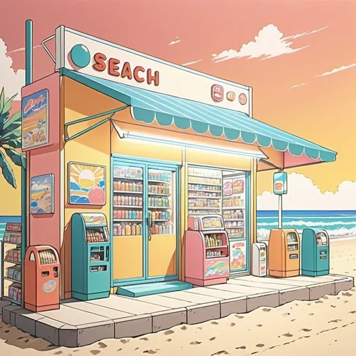 Prompt: 90's anime art style, pencil-drawn, retro, a convenience shop next to a beach, 