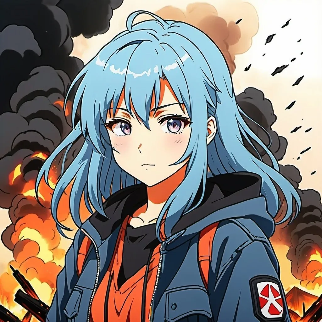 Prompt: A destroyed burning anime girl, apocalypse, 90's anime, hand-drawn style, high-quality,