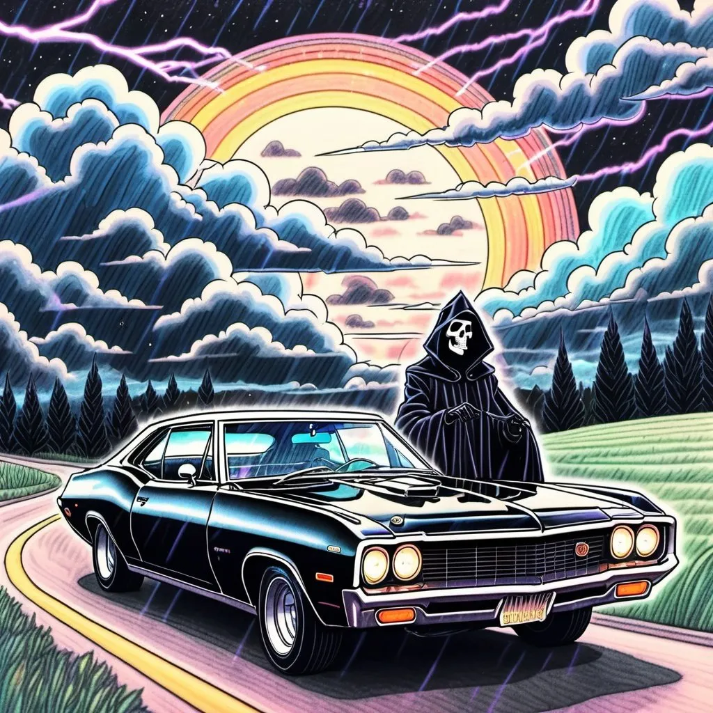 Prompt: Anime Phonk trap album cover, lightning clouds backround, grim reaper driving a retro car, medieval, dark ages, 90's anime, hand-drawn, colored pencil, lo-fi, grainy filter