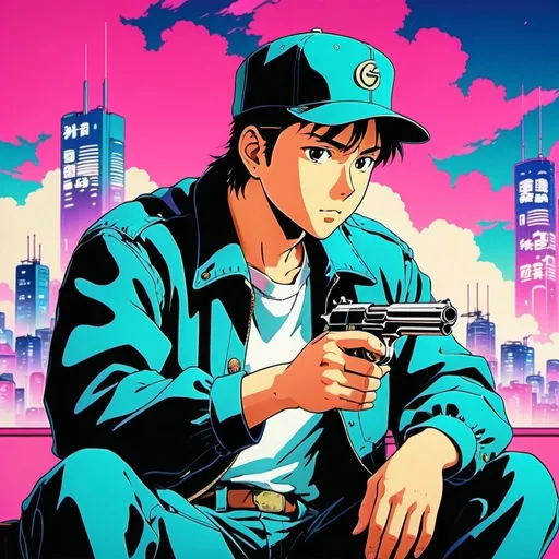 Prompt: anime, Studio Ghibli, 90's tokyo, sitting gangster reloads his pistol, retro vaporwave background, hand-drawn, lo-fi, grain, high-quality