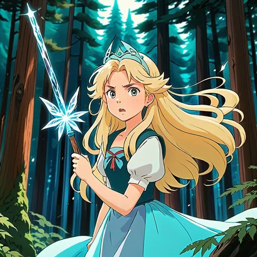 Prompt: anime, anime princess, hand-drawn, Studio Ghibli style, blonde hair, long wavy hair, angry expression, detailed expression, ice wand, enchanted redwood forest, fairies, filter, lo-fi, grain, high quality