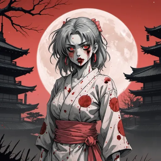 Prompt: 90's anime art style, pencil-drawn, retro, 90's zombie anime girl, blood moon, feudal Japan