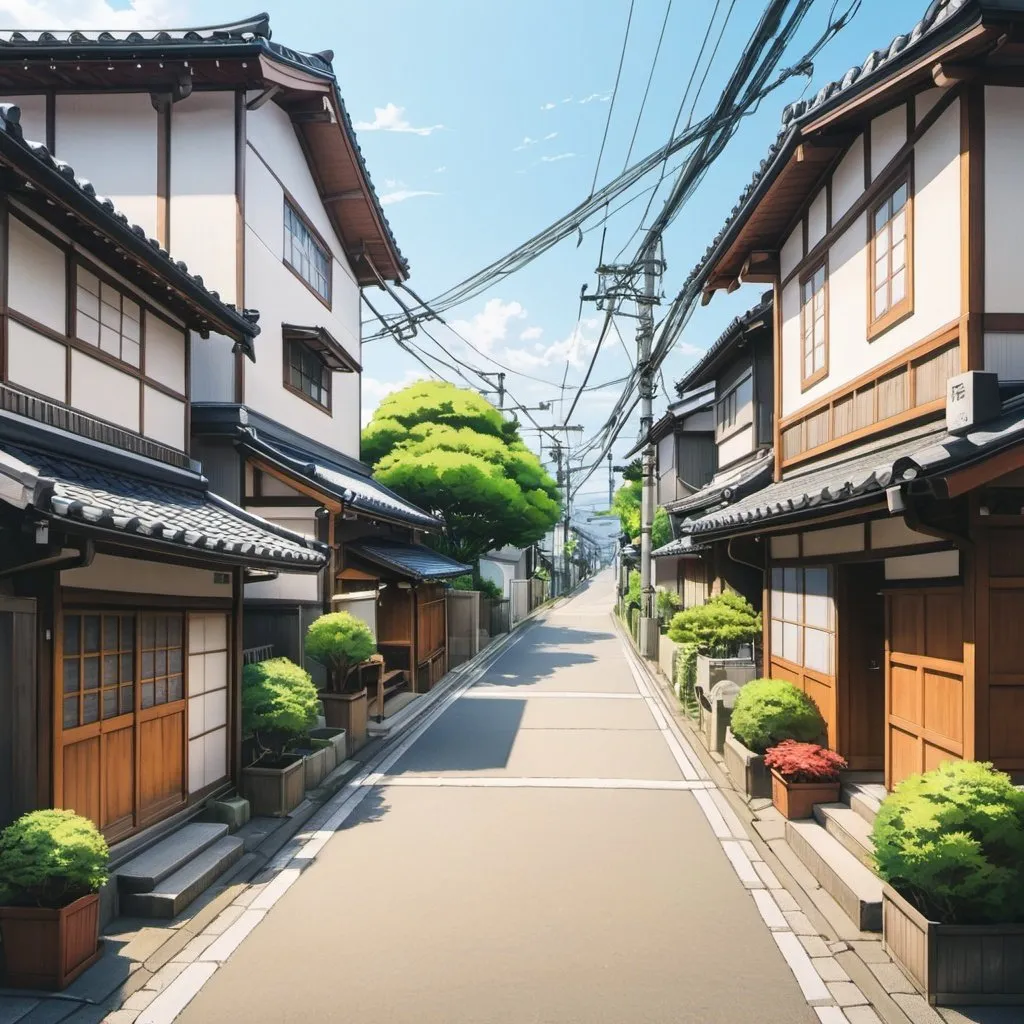 Prompt: anime, hand-drawn, tokyo country side streets