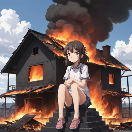 Prompt: A small anime girl sits on a burning house