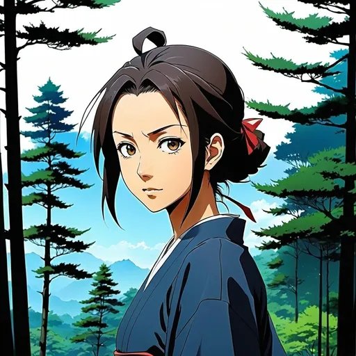 Prompt: Anime, Anime girl Fuu, Samurai Champloo, hand-drawn, anime forest background, high-quality, detailed expression