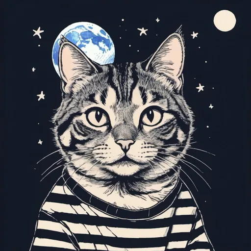 Prompt: 90's hand-drawn, grainy, anime, cat, day, moon, vaporware, Japanese, tabby, striped head
