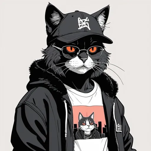 Prompt: Anime, thin sketch lines, hand-drawn, gangster cat wearing streetwear, black fur, 90's, grain, lo-fi, color full