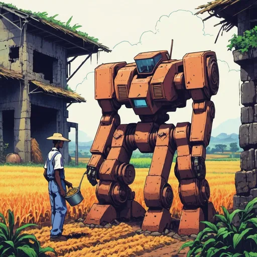 Prompt: farmer, mech assistant, 
harvest crops, anime 90's, hand-drawn, retro, grainy, Africa, ruins

