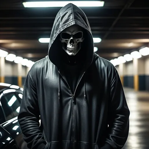 Prompt: photorealistic, (hooded faceless grim figure standing by car), standing in a shadowy urban multi-story parking garage, (mysterious atmosphere), muted colors, extensive details on the skull, introspective mood, soft contrasting light, hauntingly beautiful textures, cinematic composition, urban decay backdrop, (HD quality)