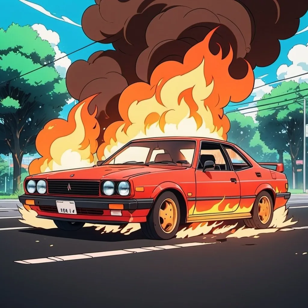 Prompt: A burning car, 90's anime, hand-drawn style, high-quality,