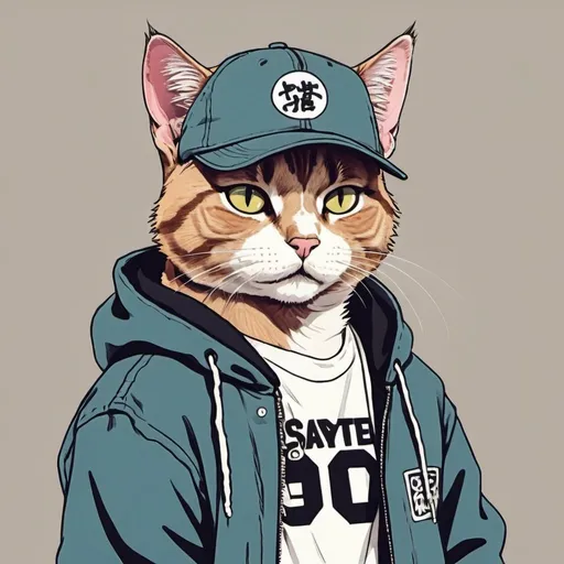 Prompt: Anime, hand-drawn, gangster cat wearing streetwear, 90's, grainy, lo-fi, color full, high resolution