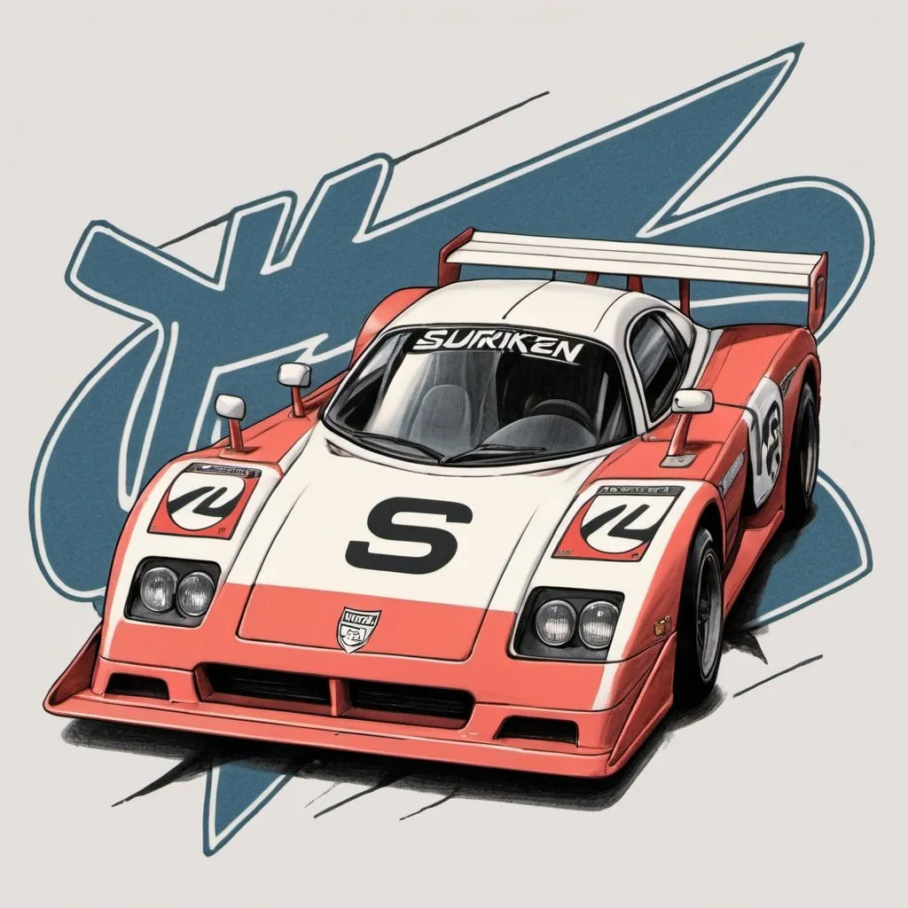 Prompt: 90's anime art style, pencil-drawn, retro, race car with suriken logo on it