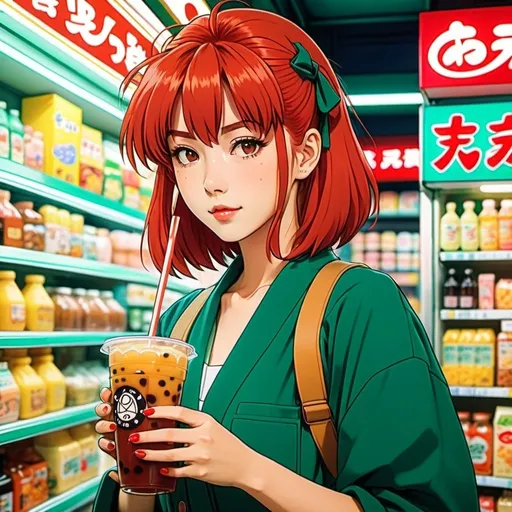 Prompt: Pencil-drawn 90's anime retro illustration of a girl doing holding boba, medium length red hair with flat trimmed bangs, white eyebrows, retro 90's anime art style, Tokyo convenience store background, high-quality, pencil-drawn, retro, 90's anime, atmospheric, vaporware, cowboy bebop, Jujutsu Kaisen, vintage anime,