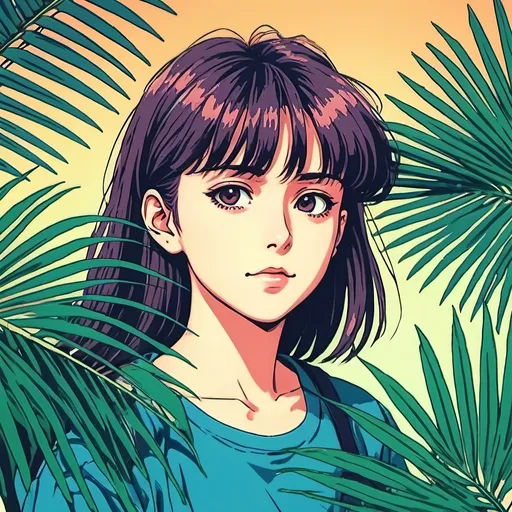 Prompt: 90's anime, palm leaves, hand-drawn, filter grain, colorful, saturation