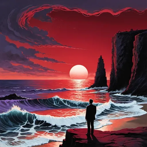 Prompt: album art soul genre of music. To the left, a man stands on a small cliff reminiscing about lost love and overlooking the sea around sun down. as its waves approach the shore towards him, the crests of the waves are red and tangle over the water like red velvet.  The muted colors for the man and the cliff will draw attention to the contemplative figure, while the bruising purples and dark blues in the sky will enhance the melancholic and emotional atmosphere. The sea reflecting these colors, with the tops of the waves glowing a somber deep red, will add a striking visual element that ties the whole scene together and conveys the intensity of the emotions in your songs. It’s a powerful and cohesive concept that perfectly encapsulates the themes of "Echoes of Love."