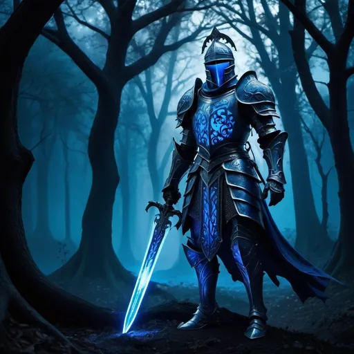 Prompt: Glowing blue knight in dark fantasy style