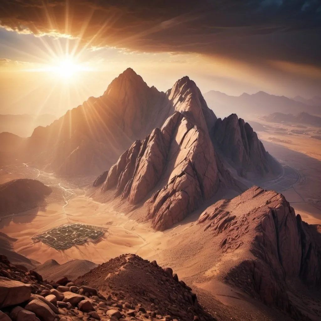 Prompt: Mount Sinai with the Tablets of the Covenant, a mountainous area at sunrise or sunset with a dramatic sky and rays of light, realistic photography from a calm angle