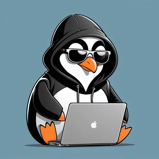 Prompt: Happy Punk Penguin hacker with a hood and sunglasses on using a laptop. Minimalist. Cartoon