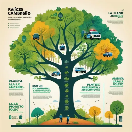 Prompt: (accurately spelled text "Raices de Cambio: Planta un Arbol con la Policía Ambiental y protege nuestro planeta"), infographic design, vibrant colors, engaging layout, ecological themes, tree planting illustrations, environmental protection icons, well-organized information sections, warm and inviting atmosphere, educational visuals, inviting typography, high-resolution, ultra-detailed, inspiring and impactful message.