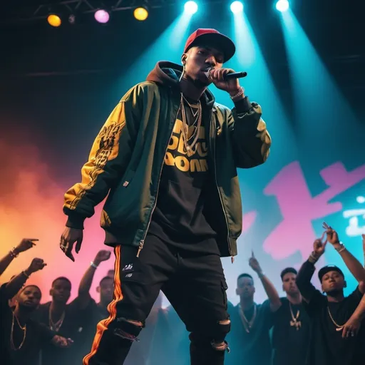 Prompt: (central content: rapper performing on stage), UK drill road man outfit, dynamic energy, confident posture, detailed facial expression, vibrant lighting, large crowd in the background, electric atmosphere, dramatic shadows, urban street aesthetic, bold colors, capturing the essence of hip-hop culture, high quality, 4K, ultra-detailed.