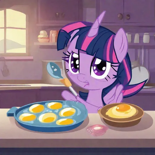 Prompt: twilight sparkle frying eggs 