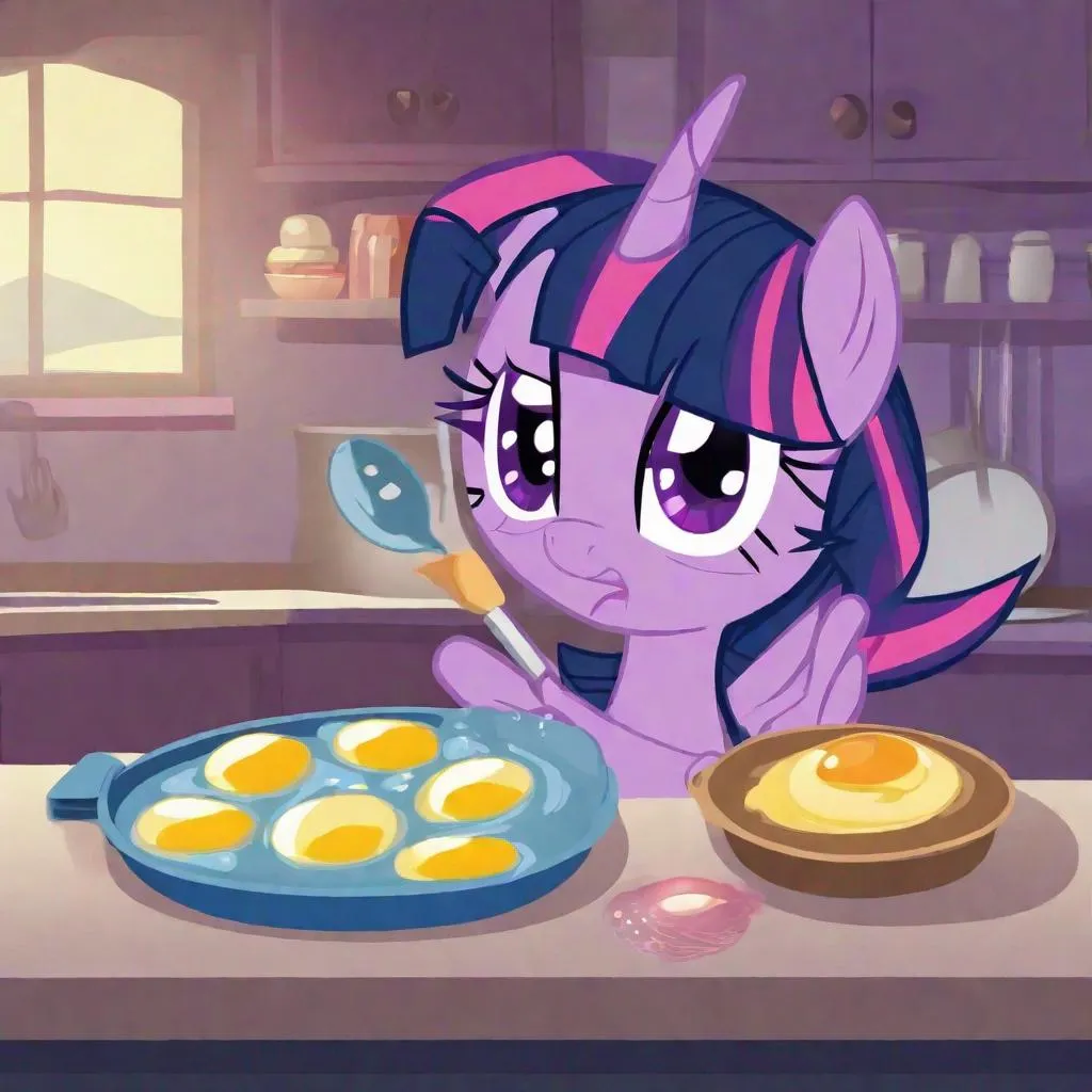 Prompt: twilight sparkle frying eggs 