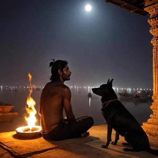 Prompt: Bhairava in kashi cremation ground with his dog 