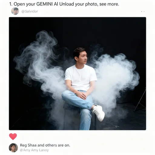 Prompt: This is a photograph of a young man sitting on a wooden stool against a dark, nearly black background. The man has short, dark hair and is wearing a plain white t-shirt and light blue jeans. He is also wearing white sneakers. His posture is relaxed, with his left leg crossed over his right and his hands resting on his lap. The man is looking slightly to his right, with a neutral expression on his face. Surrounding him is a large, wispy cloud of white smoke that partially obscures the background and adds a sense of mystery to the image. The smoke appears to be suspended in the air, creating a soft, ethereal effect. The photograph is taken in a studio setting, with the focus on the subject and the smoke. The lighting is soft, highlighting the man's face and the texture of the smoke. The overall mood of the image is calm and contemplative. The photograph is presented within a social media interface, with a text overlay at the top from the user @Salvador, which reads: "1. Open your GEMINI Al Unload your photo, see more." Below the image, there is a small icon of a heart and a comment from the user @Amy Amy Lanoy, which reads: "Reg Shaa and others are on."