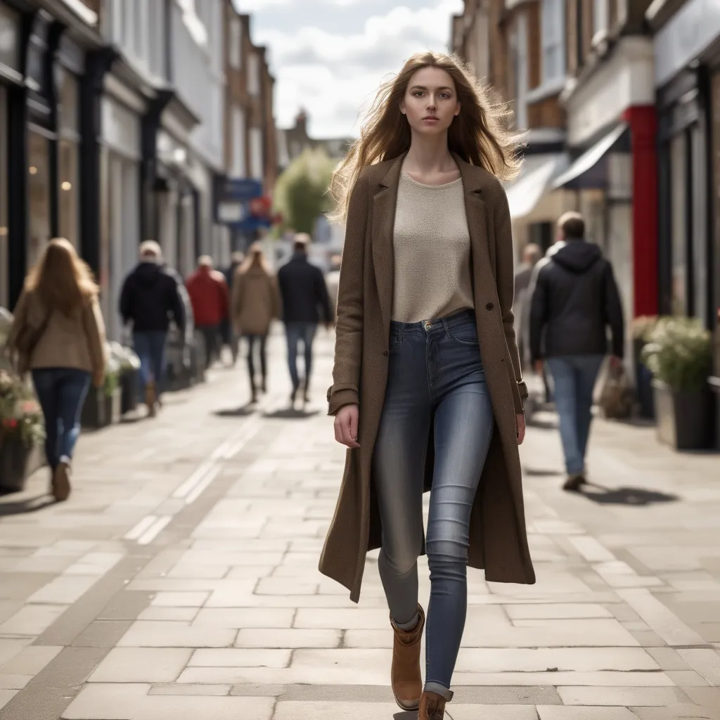 Prompt: Tall young woman walking down the high street, detailed clothing, realistic, natural lighting