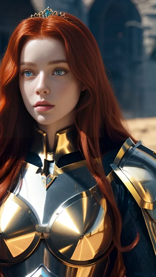 Prompt: A woman portrait in Midjourney <mymodel> style, long (red wavy hair), (blue crystal eyes), pale skin, red freckled cheeks, slim and sharp face, golden tiara with gems, iron breastplate armor with golden lining, revealing, Nordic, Fantasy, Medieval, misc-gothic style, warm color scheme, epic atmosphere, dramatic lighting, intricate details, medieval fantasy background, ultra-detailed, 4K masterpiece, warmly lit.