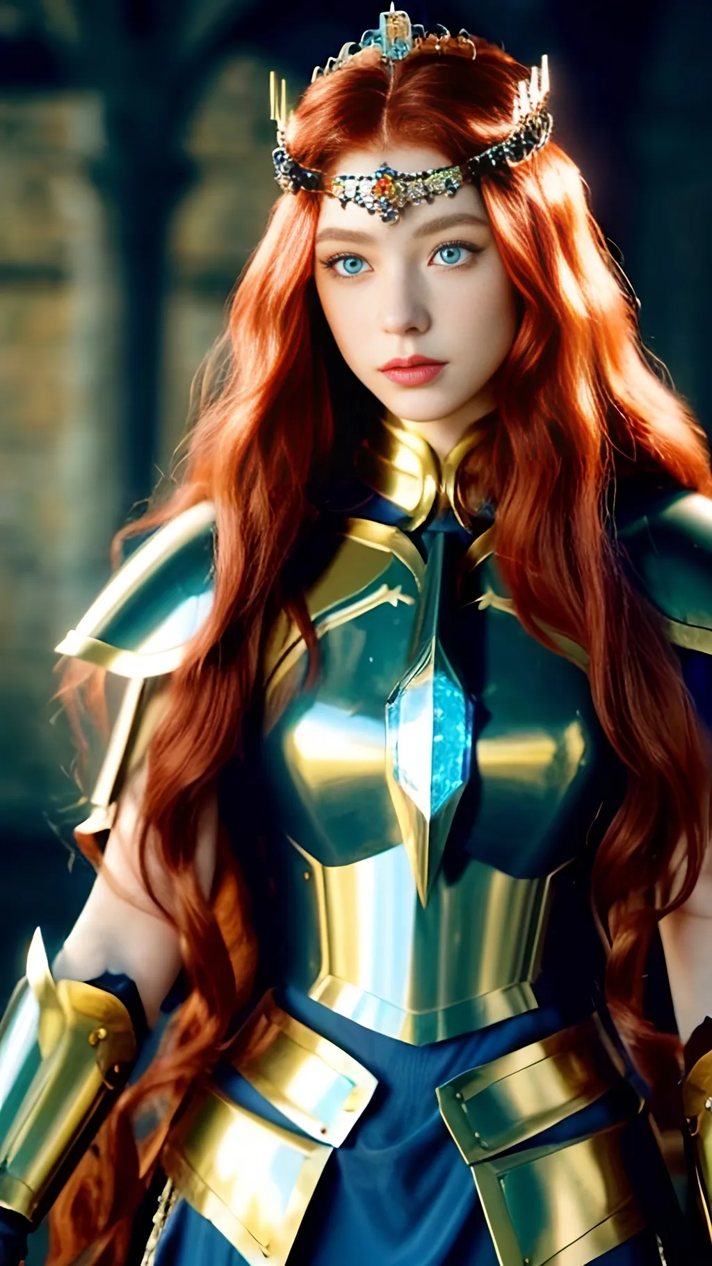 Prompt: A pretty and elegant warrioress in Midjourney <mymodel> style, long (red wavy hair), (blue crystal eyes), pale skin, red freckled cheeks, slim and sharp face, golden tiara with gems, iron breastplate armor with golden lining, revealing, Nordic, Fantasy, Medieval, misc-gothic style, warm color scheme, epic atmosphere, dramatic lighting, intricate details, medieval fantasy background, ultra-detailed, 4K masterpiece, warmly lit.