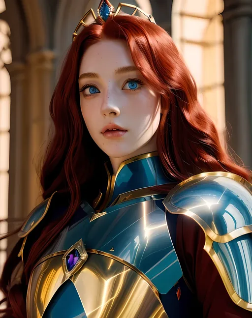 Prompt: A pretty and elegant warrioress in Midjourney <mymodel> style, long (red wavy hair), (blue crystal eyes), pale skin, red freckled cheeks, slim and sharp face, golden tiara with gems, iron breastplate armor with golden lining, revealing, Nordic, Fantasy, Medieval, misc-gothic style, warm color scheme, epic atmosphere, dramatic lighting, intricate details, medieval fantasy background, ultra-detailed, 4K masterpiece, warmly lit.