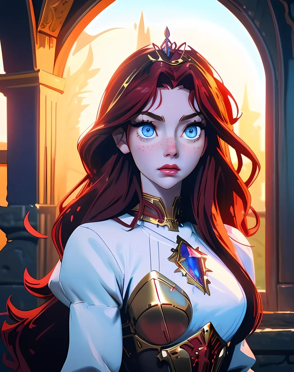 Prompt: A pretty and elegant warrioress in Midjourney <mymodel> style, (upper body view) long (red wavy hair), (blue crystal eyes), pale skin, red freckled cheeks, slim and sharp face, golden tiara with gems, tight iron breastplate armor with golden lining, Alluring, Nordic, Fantasy, Medieval, misc-gothic style, warm color scheme, epic atmosphere, dramatic lighting, intricate details, medieval fantasy background, ultra-detailed, 4K masterpiece, warmly lit.